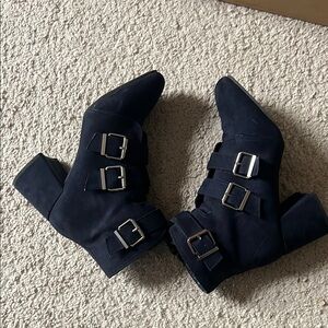 Navy Buckle Ankle Boots